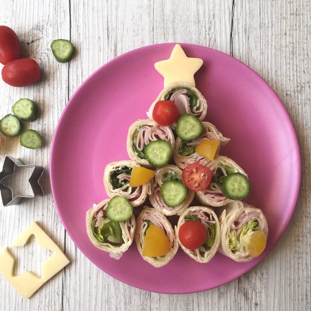 Christmas tree wraps are a healthy fun idea for Christmas class party food 