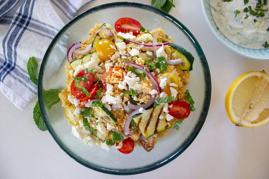 spiced cous cous salad with tzatziki