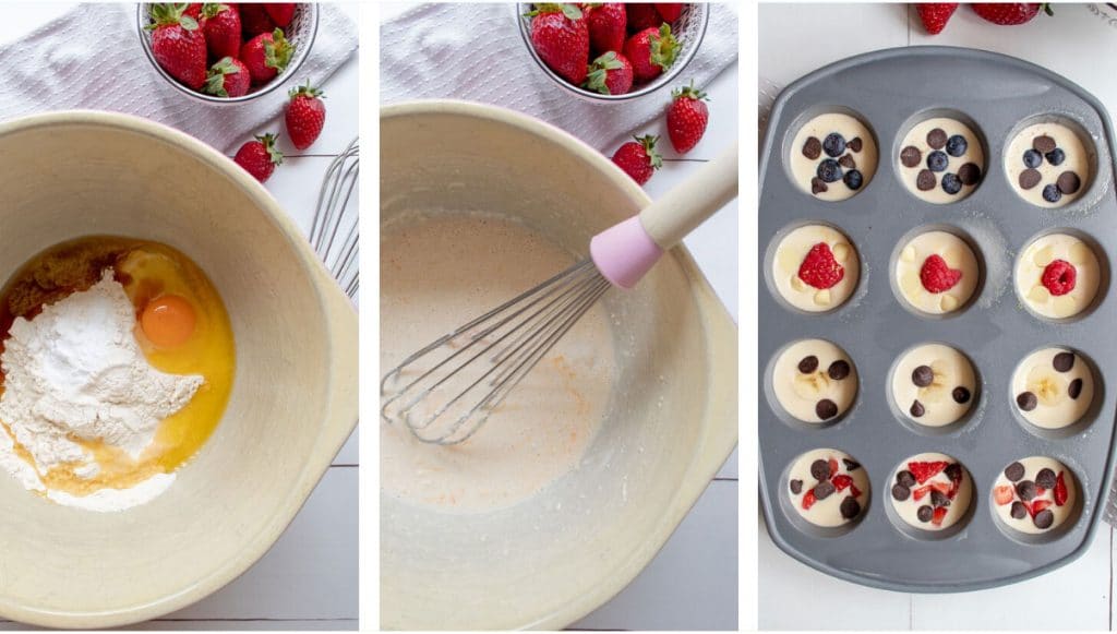 collage showing how fruit and chocolate chip muffin tin pancakes are made