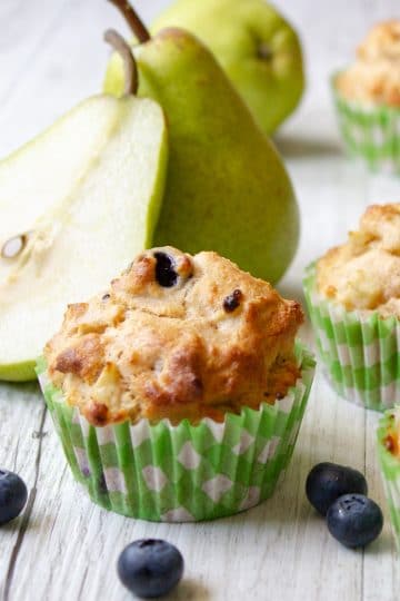 Pear Blueberry and Ginger Muffins no added sugar and sweetened only with fruit
