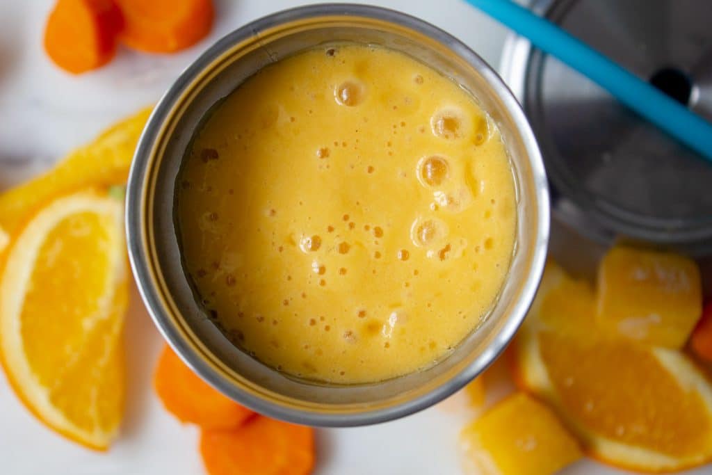 close up picture of mango orange and carrot smoothie - one of three Healthy Kids Smoothie Recipes
