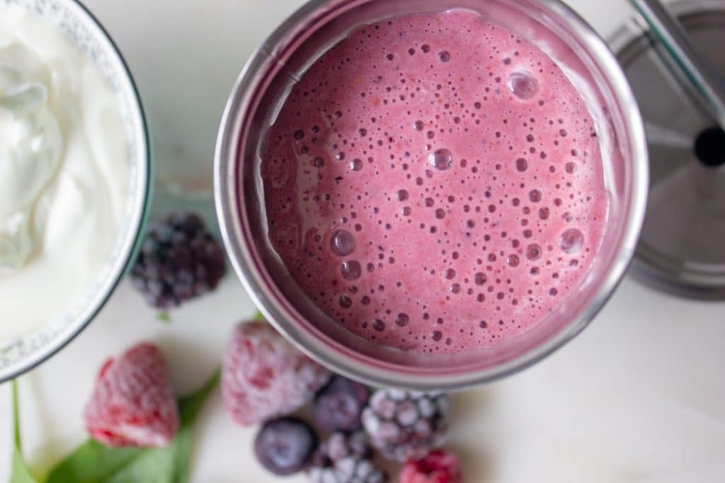 close up picture of creamy berry smoothie - one of three Healthy Kids Smoothie Recipes
