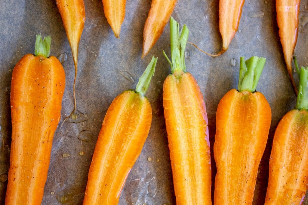 Carrots ready for roasting for the Honey Roasted Carrot Hummus