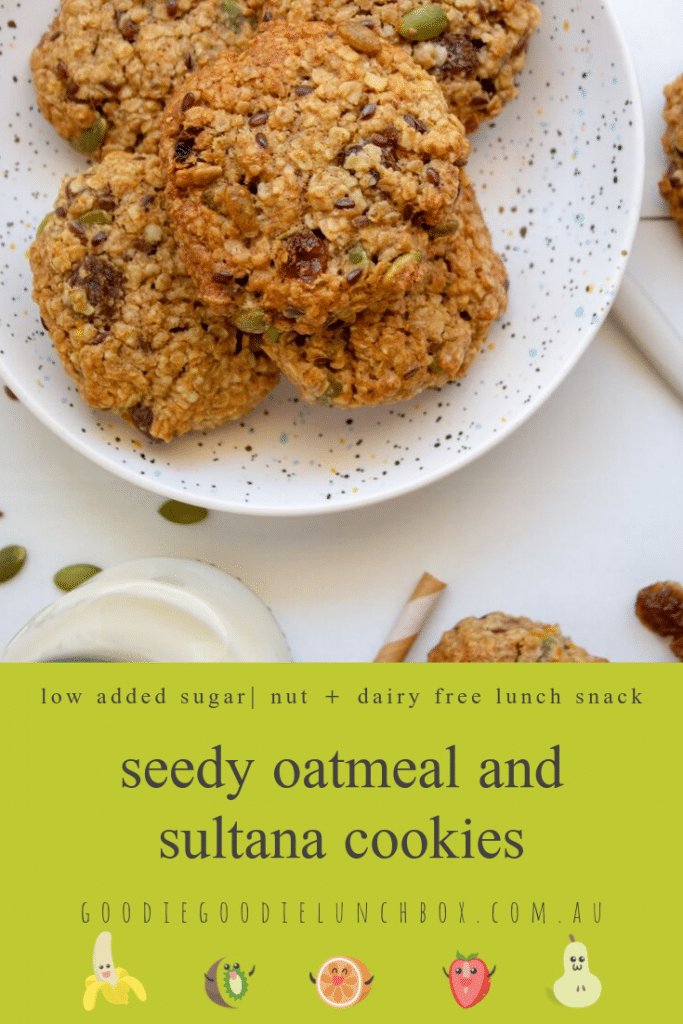Pinterest image of Seedy Oatmeal Sultana Cookies