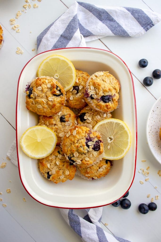 blueberry lemon and sour cream muffins in a serving platter