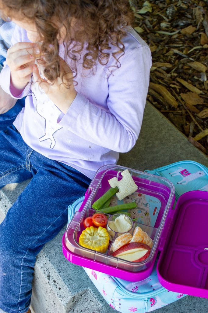 child with a bento lunchbox offering a variety of food choices