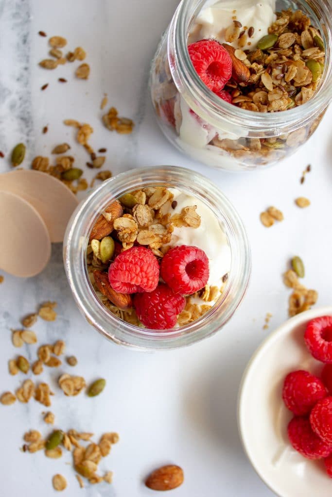 Gingerbread Muesli served parfait style is a pretty way to serve this muesli Christmas morning