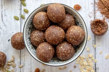 nut free chocolate bliss balls in a bowl