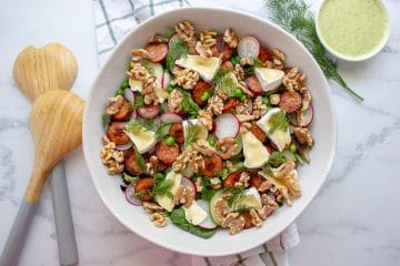 Walnut, Pea and Chorizo Salad with Brie