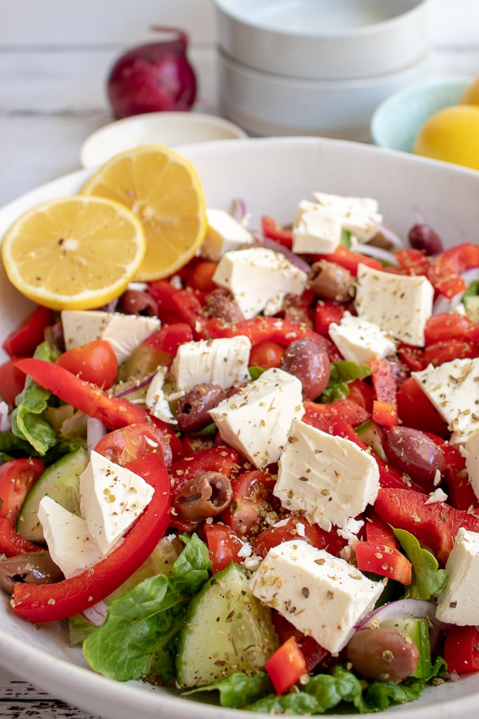 image of Greek Salad with large chucks of feta as traditionally served.
