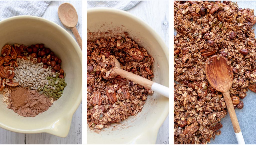 Collage of Chocolate Granola or Chocolate Muesli being made. All dry ingredients go into a bowl then add wet ingredients. When well combined spread evenly on a tray.