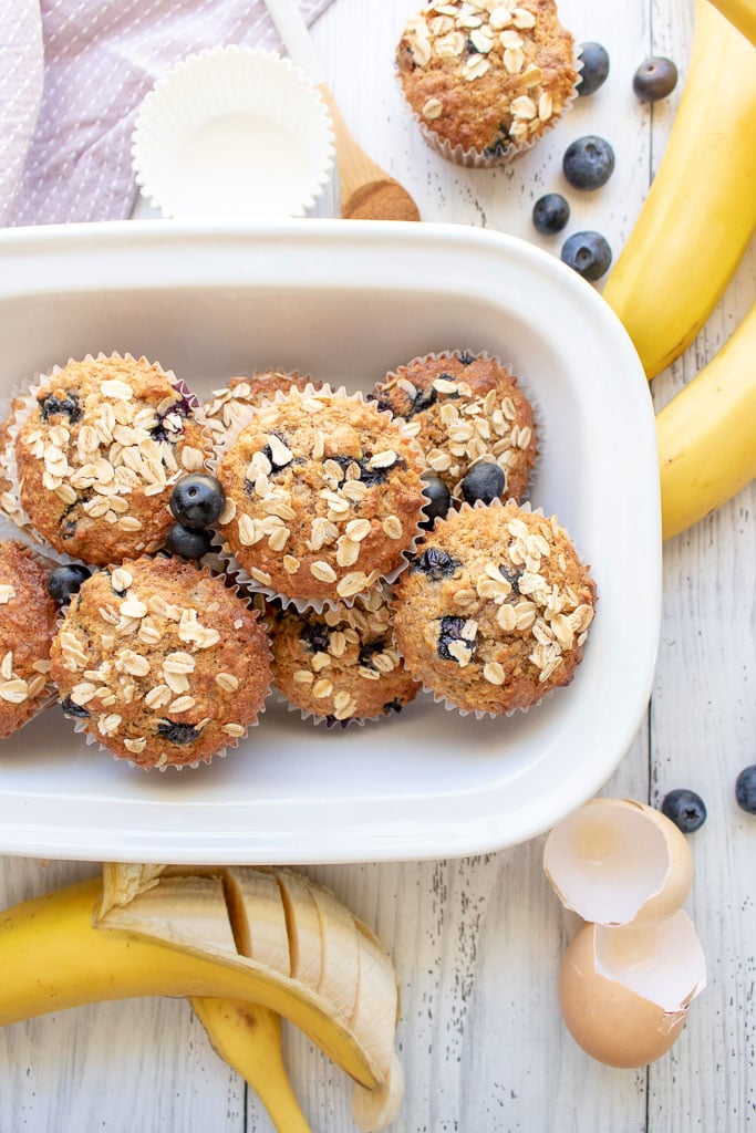 Blueberry Banana Muffins in a tin.