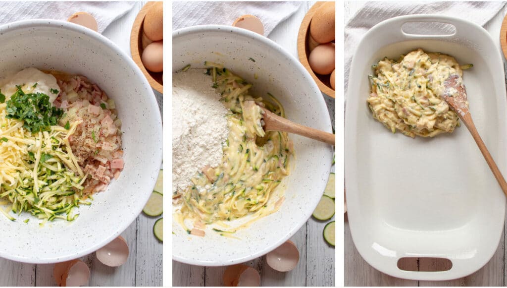 collage showing mixing process of zucchini slice