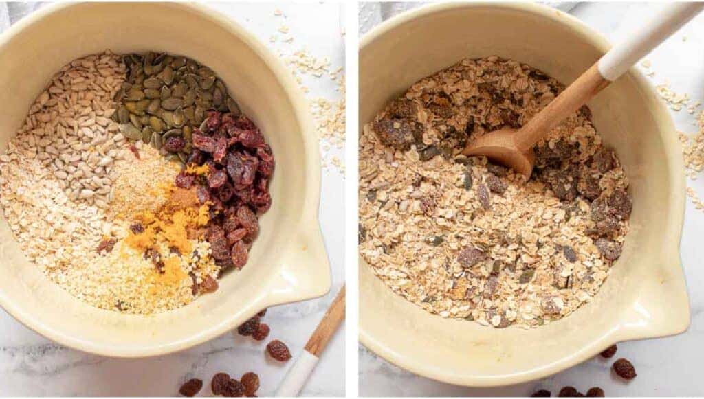 Process shot of mixing bowl containing muesli bar ingredients and then these ingredients mixed together