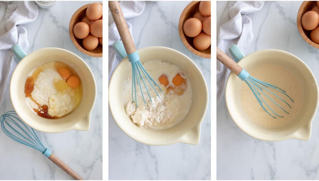 collage photo of mixing process for these easy breakfast pancakes