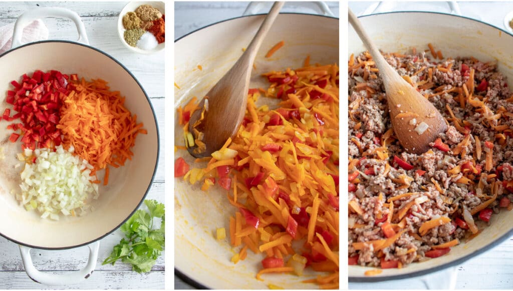 sauté the vegetables then brown beef mince