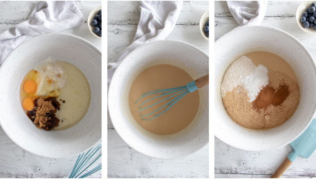 Collage of wet ingredients and sugar being whisked together to combine