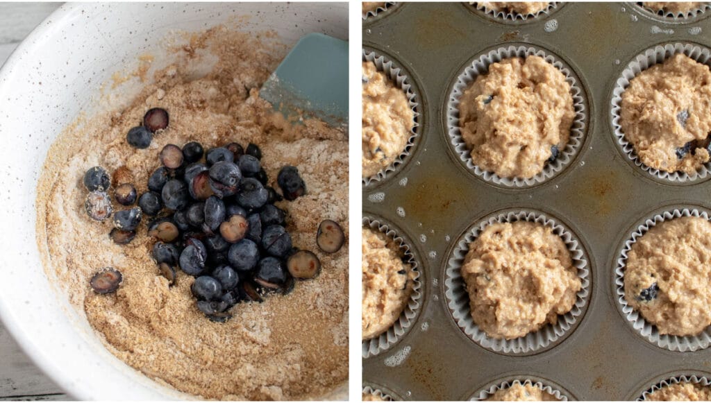 Collage of blueberries added to wet and dry ingredients and muffin mixture divided into muffin tin